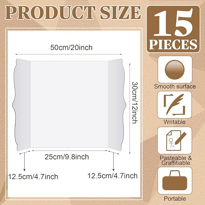 15 Pcs Small Trifold Poster Board Bulk 12 x 20 Inch Portable Trifold Posterboard Project Display Board Science Fair Foldable Presentation Cardboard for Photo Exhibition Meeting School(White)