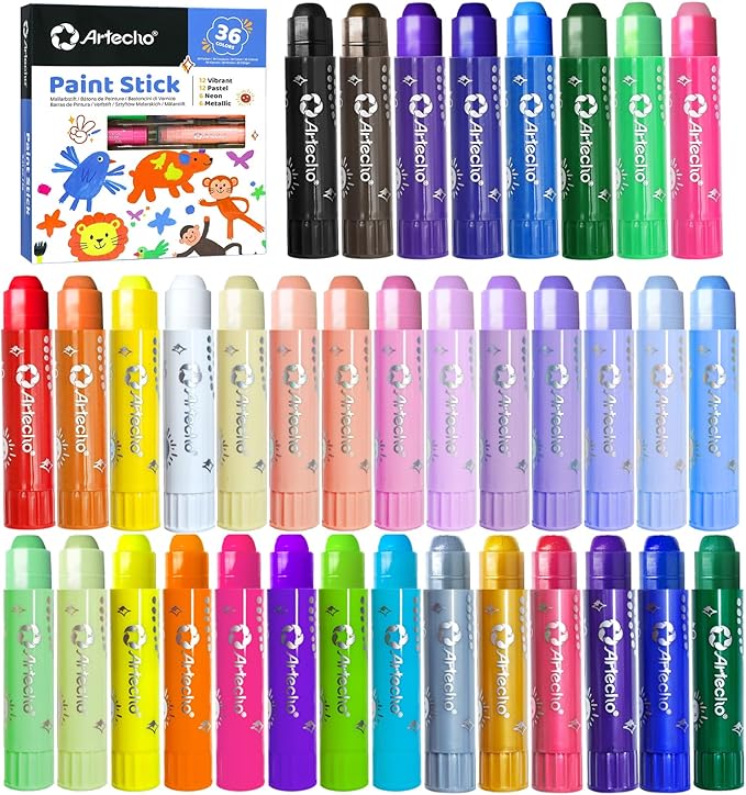 Artecho Tempera Paint Sticks, 36 Colors Washable Paint Sticks Including 12 Vibrant Colors, 12 Pastel Colors, 6 Neon Colors and 6 Metallic Colors
