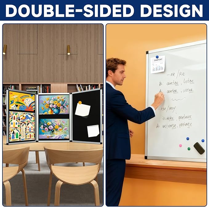 uyoyous 3 Panel Trade Show Presentation Board 70.8 x 35.4 inches Trifold Poster Board Double Sided Presentation Whiteboard Folding Display Panel for Science Fair, Trade Show Table Top