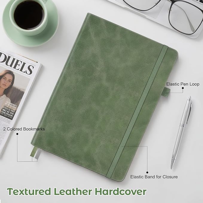 MALEDEN Notebook, A5 Hardcover Leather Notebook for Work, Notebook Journal for Women, Men, 192 Thick Paper, Large Notebook with Pockets, Professional Business Notebook (College Ruled, Light Green)