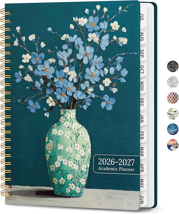 Planner 2026-2027, Academic Planner Weekly and Monthly, Jul 2026 - Jun 2027, Spiral Bound School Planning Tool with Tabs and Pocket, Perfect for Students & Teacher, 6.3" x 8.5", Teal Blooms
