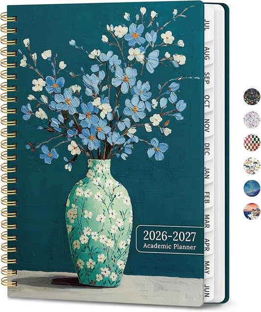 Planner 2026-2027, Academic Planner Weekly and Monthly, Jul 2026 - Jun 2027, Spiral Bound School Planning Tool with Tabs and Pocket, Perfect for Students & Teacher, 6.3" x 8.5", Teal Blooms