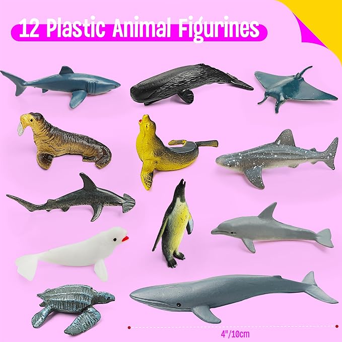12 Marine Animal Figurines for Kids, Plastic Animal Toys Tiny Portable Sea Creature Figures Playset Montessori Toy Educational Game for Homeschool Preschool Toddler Kids