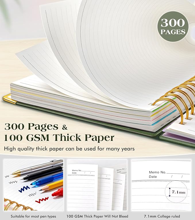 Spiral Notebook Journal with Removable Dividers Tabs, 300 Pages Hardcover Leather 5 Subject College Ruled Notebook, 8"x10" Large B5 Lined Journal for Women Men, Spiral Notebooks for Work School, Green