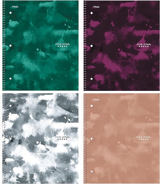 Five Star Spiral Notebook + Study App, 1 Subject, College Ruled Paper, 8-1/2" x 11", 80 Sheets, Graphics, 4 Pack (850221F)