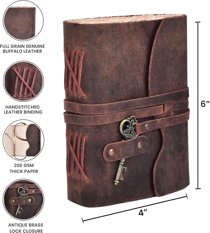 LEATHER VILLAGE Leather Journal – 200 Handmade Vintage Deckle Edge Paper – Leather bound Journal For Women Men- Vintage Key Closure - Book of Shadows - 6X4 inches (A6) - Fuchsia