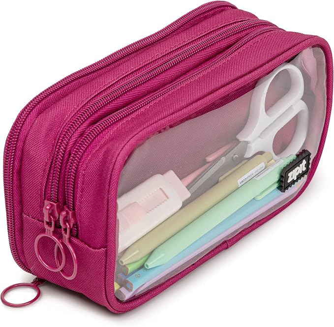 ZIPIT Half & Half Pencil Case for Girls, 3-Compartment Zipper Pouch | Clear-front pencil case for school, dedicated organizer panels, holds up to 70 pens & pencils, durable easy-care polyester