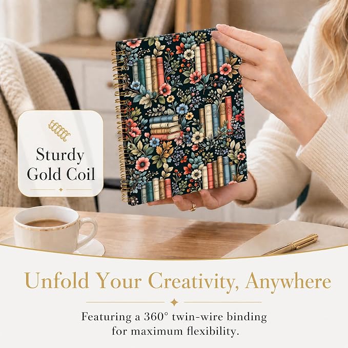 ATJFKIXL Cute Spiral Journal Notebook, A5 120 Page College Ruled Wirebound Notebook, Soft Cover for Students Office Notes and Planning - Floral Bookshelf