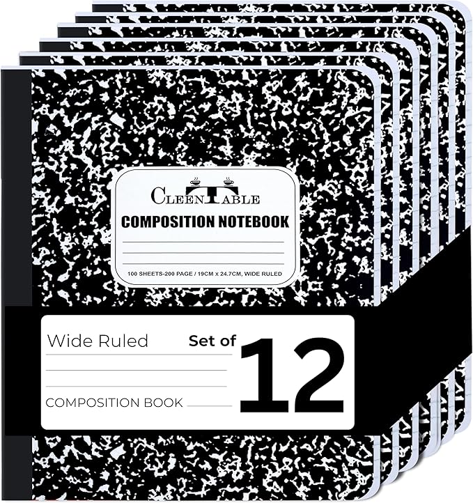 CLEENTABLE Composition Notebook 12 Pack, Wide Ruled Paper, Marble Cover Notebooks for School, 9.75 x 7.5 Inches, 100 Sheets (200 Pages), Sewn Binding Comp Books, Black