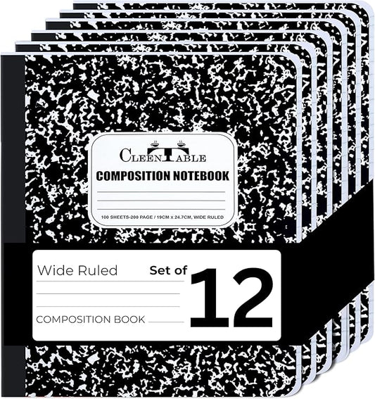 CLEENTABLE Composition Notebook 12 Pack, Wide Ruled Paper, Marble Cover Notebooks for School, 9.75 x 7.5 Inches, 100 Sheets (200 Pages), Sewn Binding Comp Books, Black