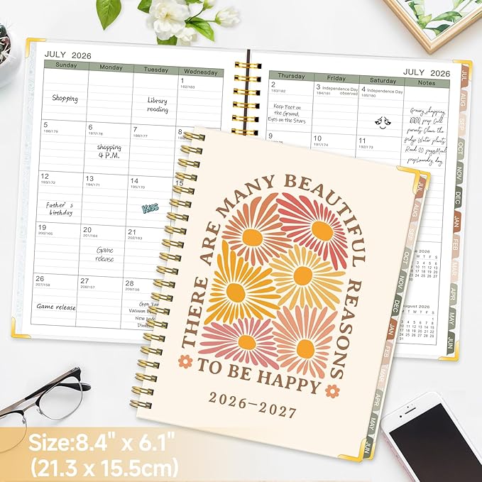 GuassLee 2026-2027 Academic Planner, Weekly and Monthly Hardcover Planner from Jul 2026-Jun 2027, 8.4"x 6.1" Dasiy Daily Agenda Planning Book with Pocket, Stickers, Tabs for School Office Supplies, A5