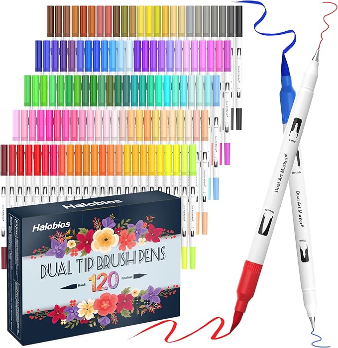 Halobios 120 Color Dual Tips Brush Pens, Fine and Brush Tip Markers with Swatch Card for Adult Coloring, Art Markers Set for Journaling Calligraphy Drawing Sketching Doodling Illustrating