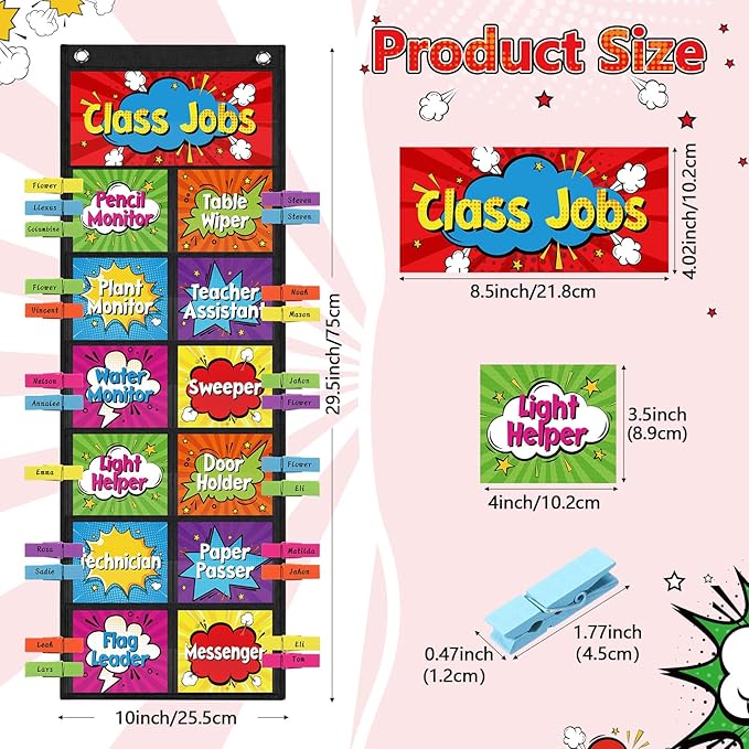 Pasimy Hero Class Jobs Pocket Chart Class Helpers Pocket Chart Classroom Jobs Cards with Clips and Hooks Teacher Helper Bulletin Board Set for Back to School Classroom Teacher Supplies