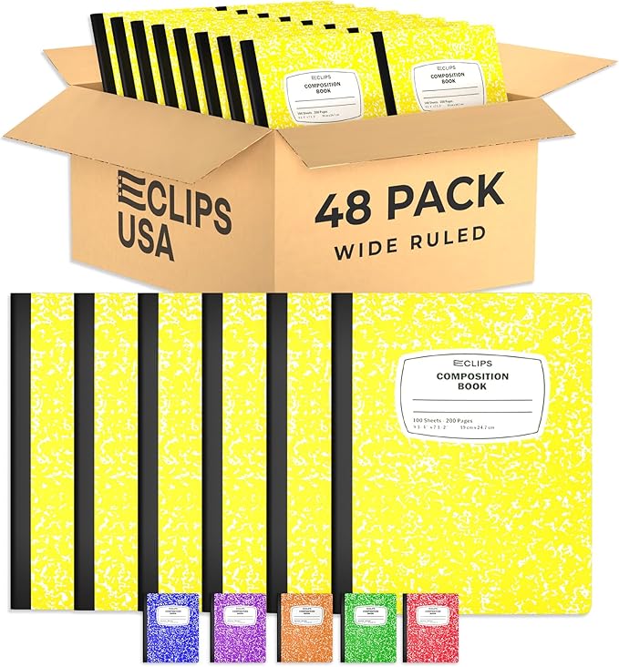 Composition Notebook Wide Ruled Composition Notebooks Bulk Yellow Marble Hard Cover Wide Ruled Notebook Paper Note Books For Schools Marble Composition Books 100 Sheets 200 Pages 9.75” x 7.25” (48 Pack, Yellow)