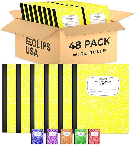Composition Notebook Wide Ruled Composition Notebooks Bulk Yellow Marble Hard Cover Wide Ruled Notebook Paper Note Books For Schools Marble Composition Books 100 Sheets 200 Pages 9.75” x 7.25” (48 Pack, Yellow)