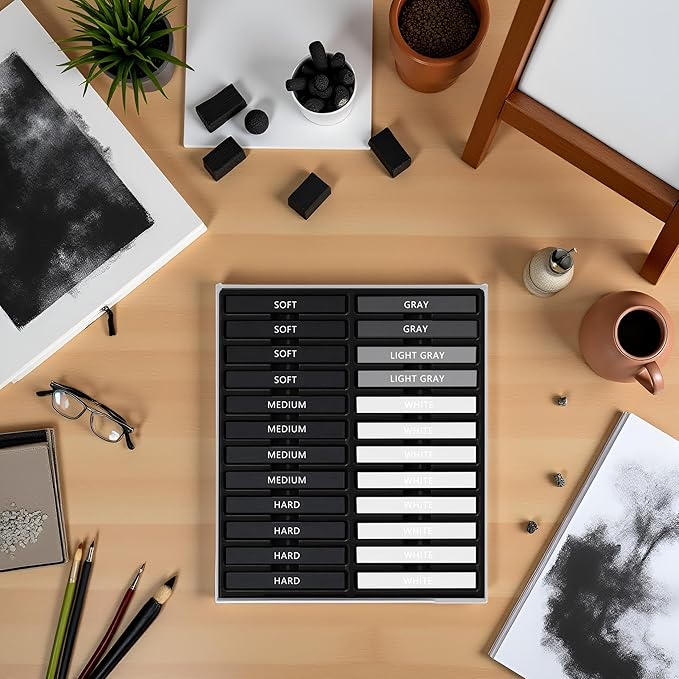 24 Pcs Compressed Charcoal Sticks with Soft, Medium, Hard and White Charcoal, Square Charcoal Stick Kit for Drawing, Sketching and Shading (12 Black + 4 Gray + 8 White)