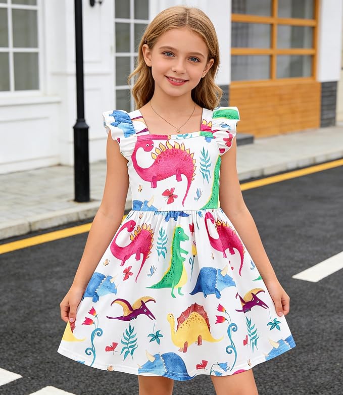 Popshion Girls Dresses Flutter Sleeve Swing Sundress Toddler Summer Clothes Kid Birthday Party Sleeveless Dress 1-8 Years Old