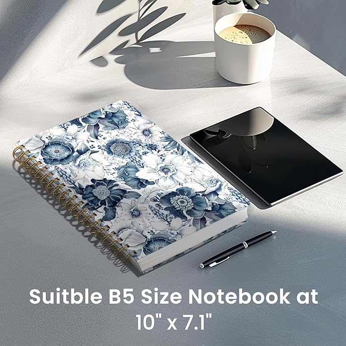 Taja Lined Spiral Notebook Journal for Work, 300 Pages Thick B5 (7.1"x10") College Ruled Journal for Women & Writing, Hardcover Notebook for Note Taking, Perfect for Office Home School, Blue Floral