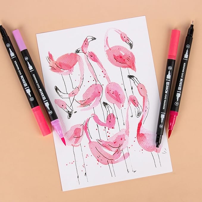 ZSCM Pink Duo Tip Marker Pens, 12 Pack Fine & Brush Markers for Adult Coloring Books No Bleeding, Blushing Pink Markers for Romantic Illustrations, Floral Designs, Cute Doodling and Lettering