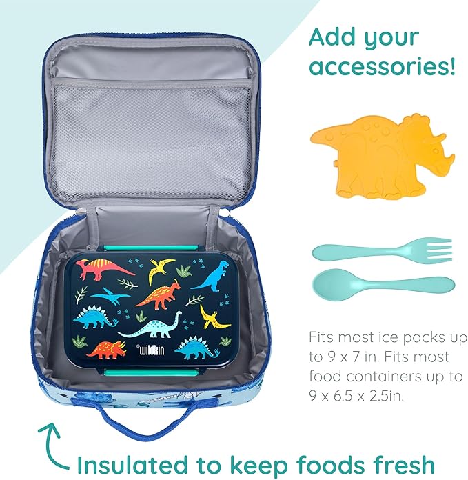 Wildkin JumpOff Jo Insulated Lunch Box – Keeps Food Hot or Cold, BPA-Free with Mesh Pockets & Easy-Clean Lining – Ideal for School, Travel & Daycare - Blue Dino