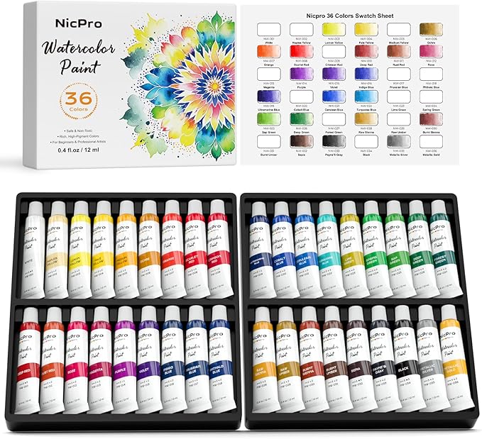 Nicpro Watercolor Paint Set for Adults, 36 Colors Watercolor Tube Set (12ml, 0.4oz), High Pigment Travel Water Color Painting Supplies for Artists Beginners, Color Wheel & Swatch Cards Included