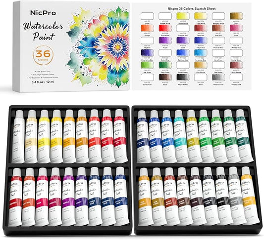 Nicpro Watercolor Paint Set for Adults, 36 Colors Watercolor Tube Set (12ml, 0.4oz), High Pigment Travel Water Color Painting Supplies for Artists Beginners, Color Wheel & Swatch Cards Included