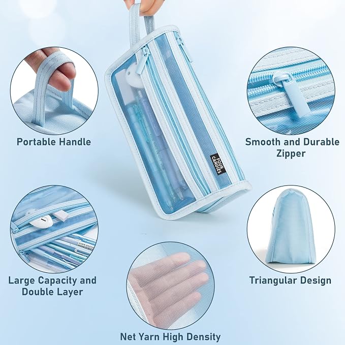 Four Candies Grid Mesh Pencil Case with Handle and Zipper, Clear Double-layer Pencil Pouch Marker Pouch, Travel Makeup Bag, Cute Transparent Stationary Organizer Pen Bag for Adult Office College | Smooth Zipper, Transparent Pencil Pouch, Cute Stationar...