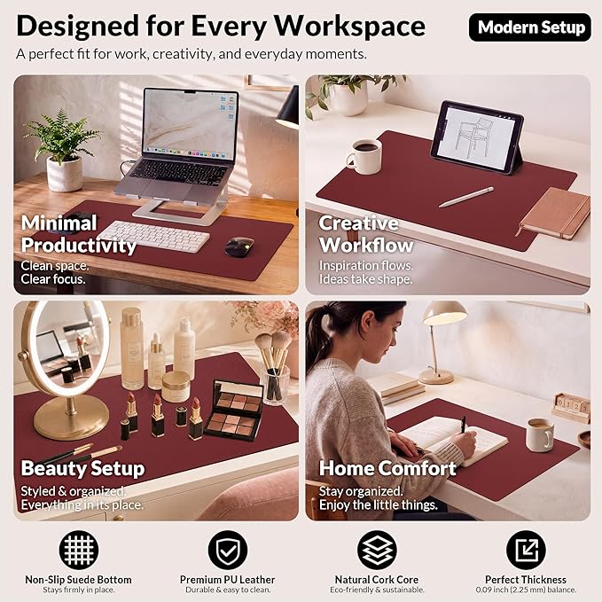 AFIING Leather Desk Pad Protector, Large Mouse Pad, Dual-Sided PU Leather & Natural Cork Desk Mat, Non-Slip Waterproof Laptop Desk Blotter for Office and Home, 23.6" x 13.7", Red