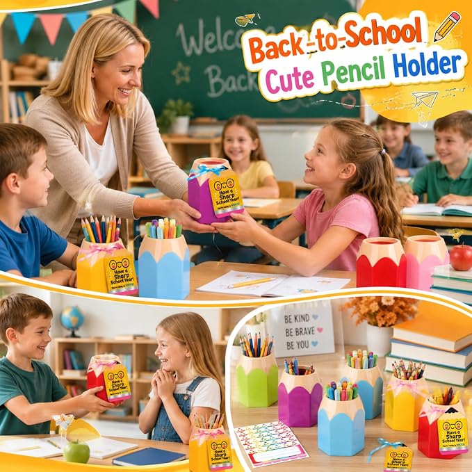 6 Pack Colorful Back to School Pencil Holders for Teacher Classroom Decor | Colorful Back to School Pencil Holders with Name Stickers, Perfect for Teacher Classroom Decor and Desk Organization