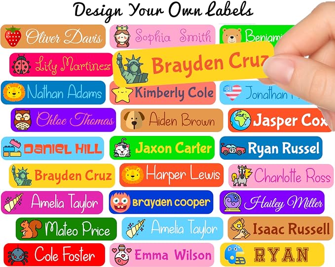 100 x Customized Name Labels | Perfect Kids Daycare and School, Supplys Tag Labels, Cute Children's Pack, Waterproof Safe Multi