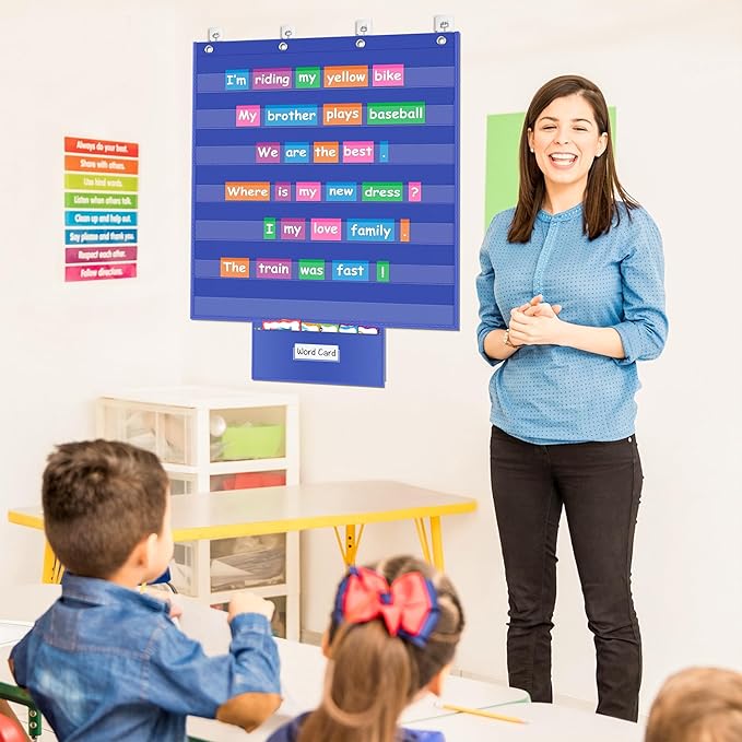 AKAYOK Standard Pocket Chart for Classroom, Clear 7 Pockets Words Chart with Extra Zip Pocket for School Home Office Fits Standard 3” Sentence Strips, Word Cards, Calendar, Visual Schedule (Blue)