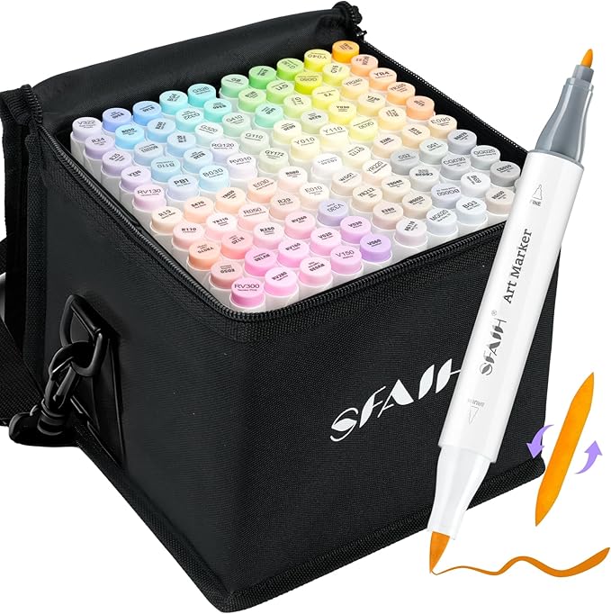 SFAIH Alcohol Markers Brush & Fine - 101 Pastel Dual Tip Art Markers for Adult Coloring Illustration, Gift for Artist, Refillable Ink, Colorless Blender, Adjustable Shoulder Strap & Leather Lining