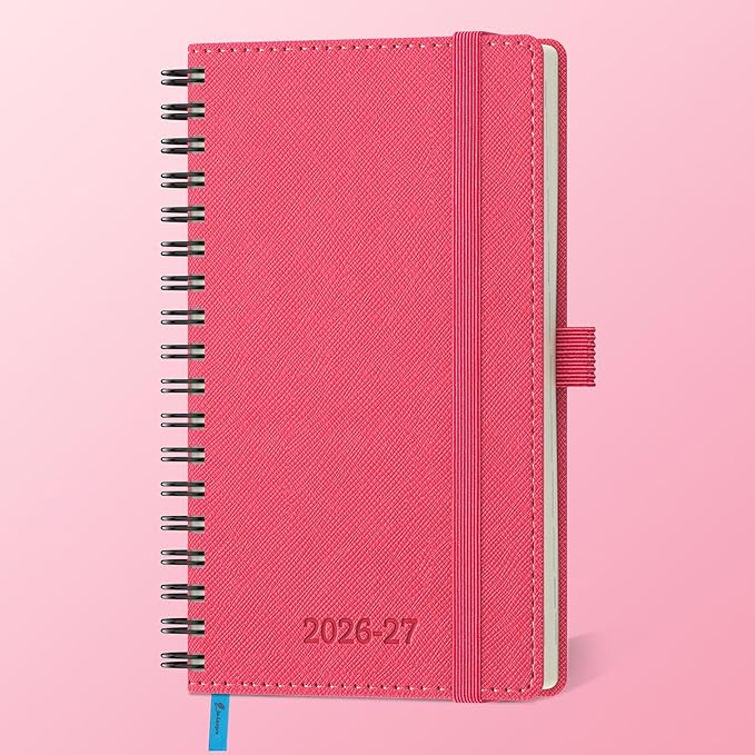 Planner 2026-2027 Daily Weekly and Monthly,6.5"x3.75",18 Months Spiral Bound Calendar Agenda with Self-adhesive Pen Holder,2026 Academic Plan with Vegan Leather Soft Cover,Rose Red