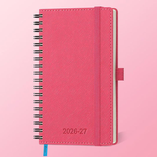 Planner 2026-2027 Daily Weekly and Monthly,6.5"x3.75",18 Months Spiral Bound Calendar Agenda with Self-adhesive Pen Holder,2026 Academic Plan with Vegan Leather Soft Cover,Rose Red