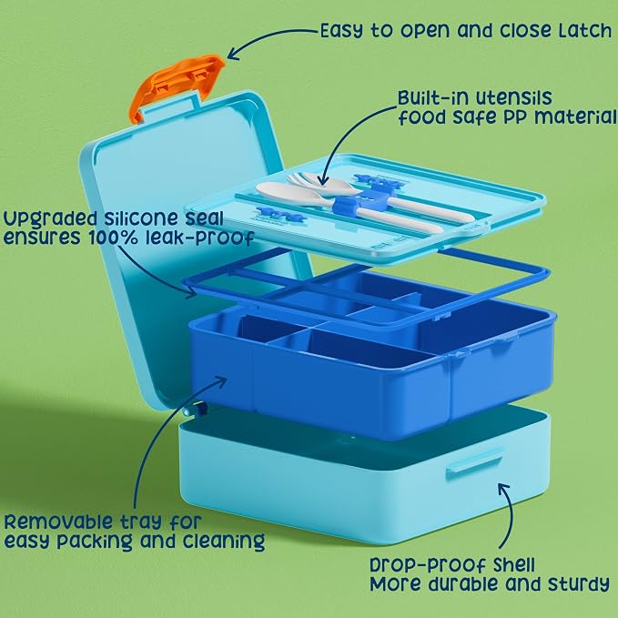 Fimibuke Bento Lunch Box for Kids, Toddler Bento Box with 4 Compartments | Leak Proof BPA Free Dishwasher Safe Lunch Container with Utensils, Ideal Portion Sizes for Ages 3-12 Girls Boys for School