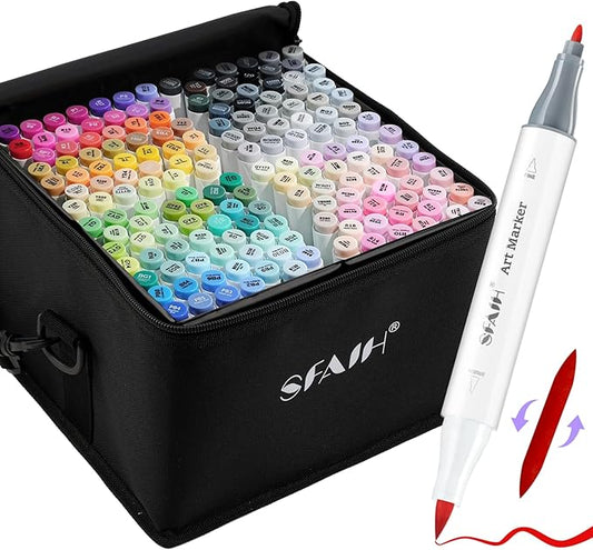SFAIH Alcohol Markers Brush & Fine - 169 Colors Double Tipped Art Markers for Adult Coloring Illustration, Gifts for Artist Adult - Adjustable Shoulder Strap & Faux Leather Lining & Outer Zip Pocket