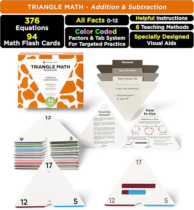 Ultimate Addition & Subtraction Math Mastery Flash Cards Bundle: 722 Equations (All Facts 0-12) for Engaging K-3rd Grade Learning - Fact Family & Single-Fact Cards, Color-Coded, Graphic Illustrations