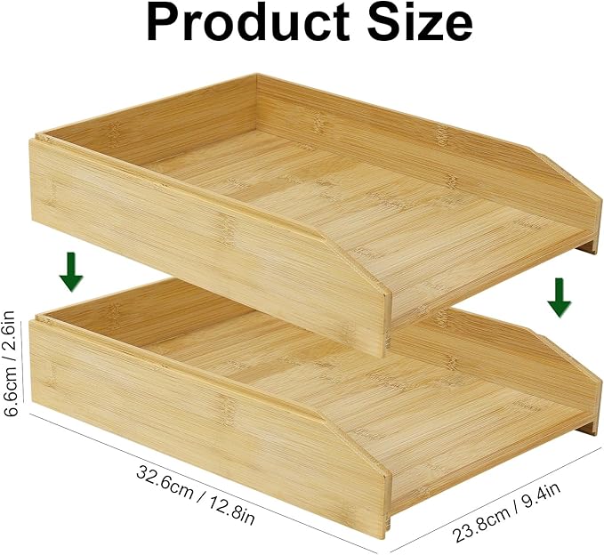 MultiBey A4 Bamboo Stackable Paper Tray 2-Pack, 2-Tier Anti-Toppling Desk Organizer, Wooden Letter Document Magazine Tray Desktop File Folder Holder for Office & Home Supplies