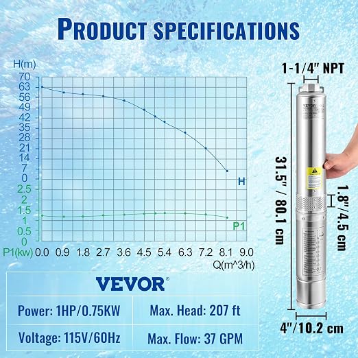 VEVOR Deep Well Submersible Pump, 1HP 115V/60Hz, 37gpm Flow 207ft Head, with 33ft Electric Cord, 4" Stainless Steel Water Pump for Industrial, Irrigation&Home Use, IP68 Waterproof Grade | for Industrial Irrigation & Home Use, 4" Stainless Steel Water P...