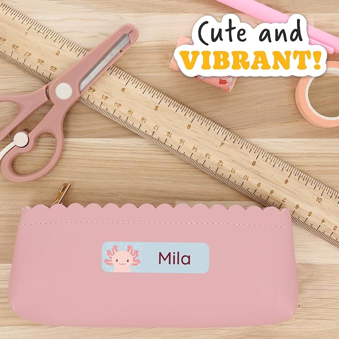 Camp Name Labels for Kids (33) – Custom Waterproof Stickers for Water Bottles, Lunch Boxes, Daycare & School with Unique Designs - Axolotl