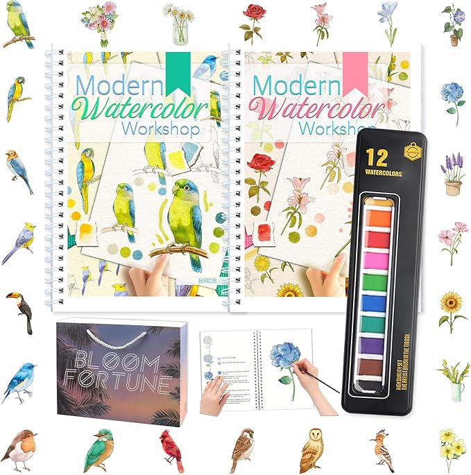 2-Pack Beginner Watercolor Workbooks: 24 Coloring Pages + 12 Watercolor Paints + Brush – 300gsm/140lb Paper – Gift for Women, Adults & Beginners (Birds & Flower)