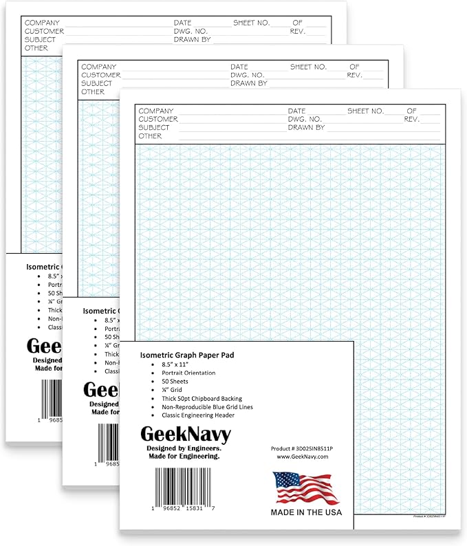 GeekNavy 8.5" x 11" Isometric Graph Paper 50 Sheets Portrait - 0.25" Grid, Non-photo Blue, High Brightness, Drafting, Engineering, Art, 3D Design (3-Pack)
