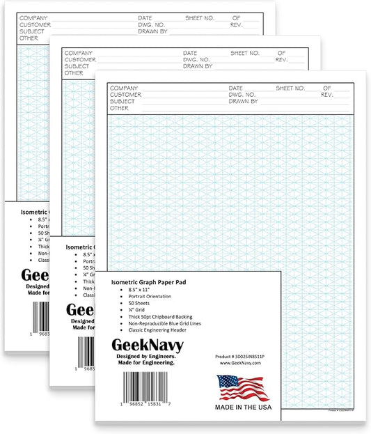 GeekNavy 8.5" x 11" Isometric Graph Paper 50 Sheets Portrait - 0.25" Grid, Non-photo Blue, High Brightness, Drafting, Engineering, Art, 3D Design (3-Pack)