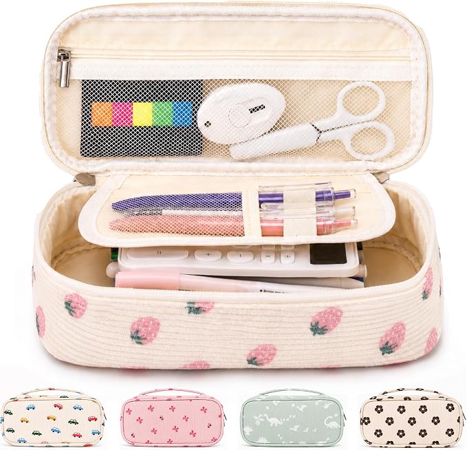 Big Capacity Pencil case,Soft Corduroy Pencil Bag,Cute Pen Case with Handle,5 Compartments, Wide Opening Pen Pouch Organizer for Teen Girls Women (Pink Strawberry)