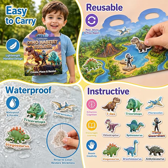 3 Sets Reusable Sticker Books for Toddlers 3-6, Jelly Sticker Book Toddler 1-3, Boys Books,Dinosaur City Ocean Waterproof Travel Toys for Kids Ages 3 4 5