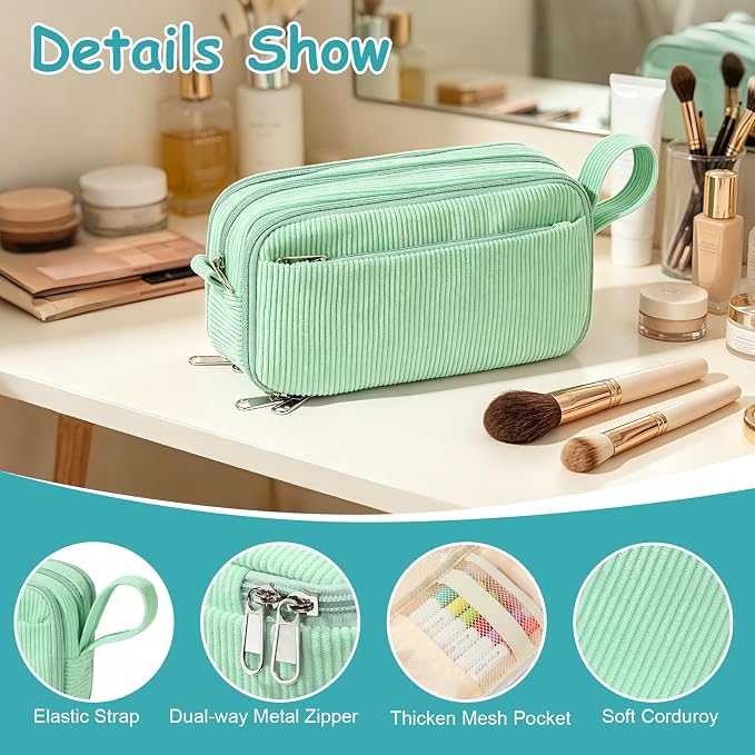 BuyCard Big Capacity Pencil Case, Corduroy Fabric, White with Mint Green Floral Pattern, Pencil Bag with Zipper Closure, Graduation Gift Office Stationery Storage Pen Pouch