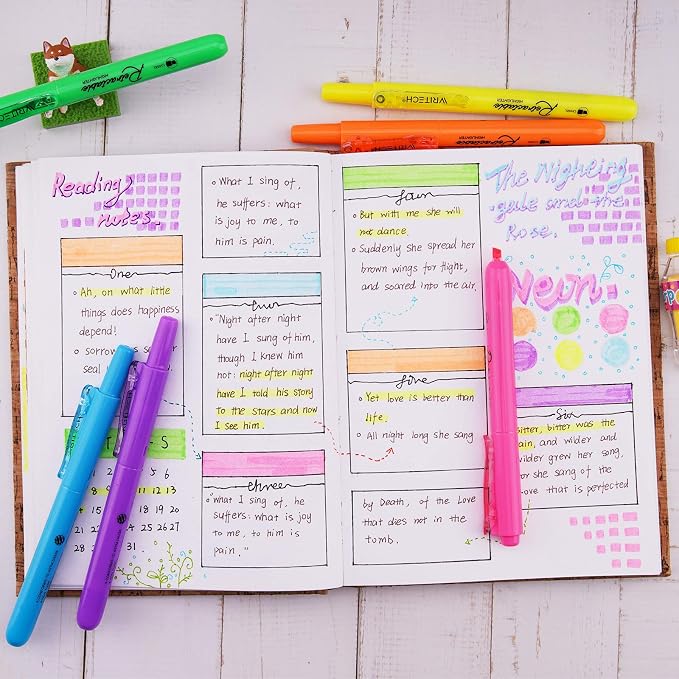 WRITECH Retractable Highlighters Assorted Colors: Chisel Tip Click Aesthetic Highlighter Marker Pens Pack Multi Colored Ink No Bleed Smear for Highlighting Journaling (6ct Neon)