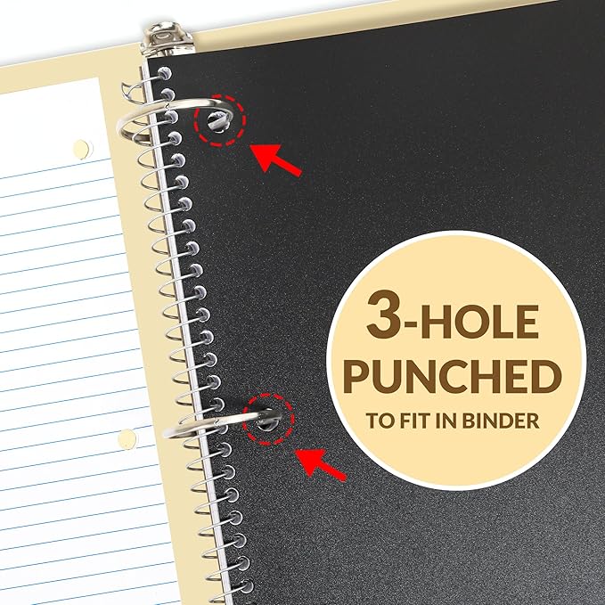 SUNEE Spiral Notebook, 1-Subject, College Ruled Paper, 8" x 10-1/2", 100 Sheets per Notebook, 3-Hole Punched Paper, Water Resistant Cover, Double-sided Pockets, Spiral Lined Notebooks for Work, Black