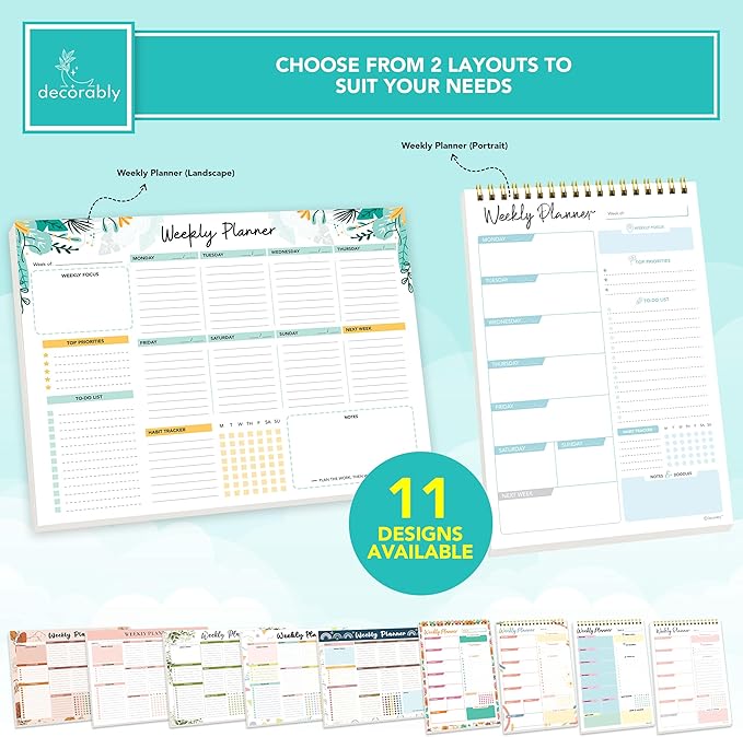 Decorably 52 Sheets Blue Undated Weekly Planner Notepad - 6.5x10in Spring-Bound, Easy Tear-Off Design, with Focus, Priorities, to-do List, Habit Tracker & Notes - Home, School, Office