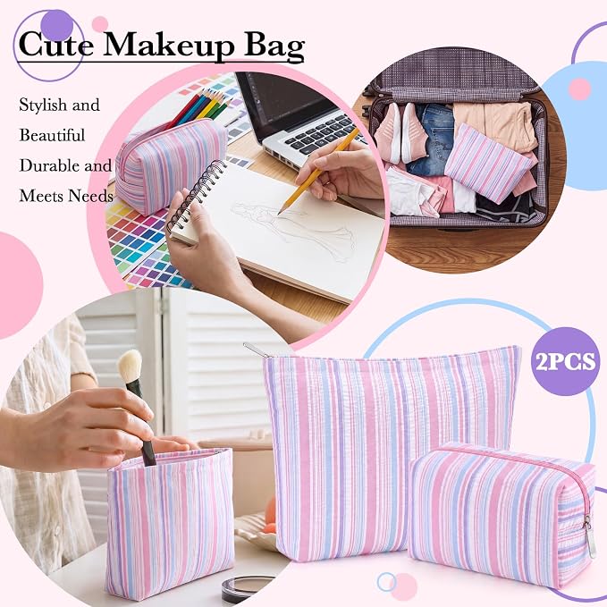 Huhumy 2 Pcs Striped Makeup Bag, Travel Toiletry Bag for Women, Aesthetic Cute Colorful Cosmetic Pouch, Seersucker Storage Organizer for Accessories, Essentials, Toiletries (Pink Purple Blue)